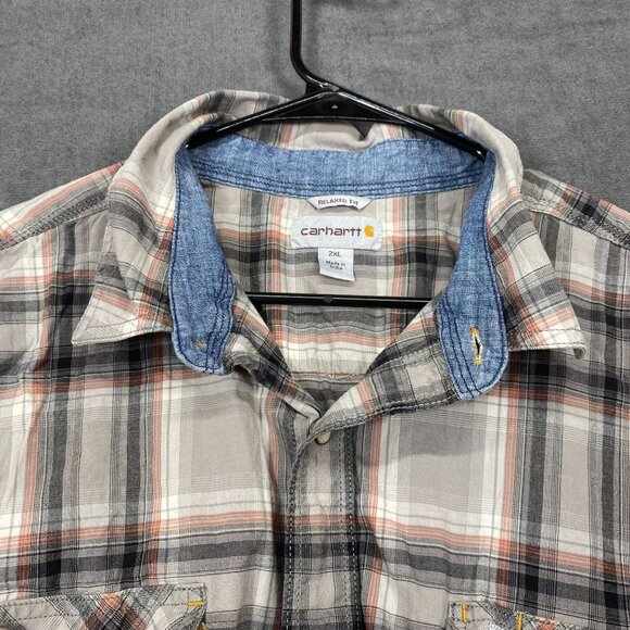Carhartt Mens Relaxed Fit Plaid Button-Down Shirt 2XL Gray/Orange Cotton Blend - Picture 11 of 13